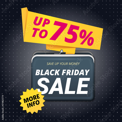 Black friday sale vector banner template design with a wallet for money and text save up your money. Big sale with origami yellow and black paper element layout poster. The biggest discount shop offer