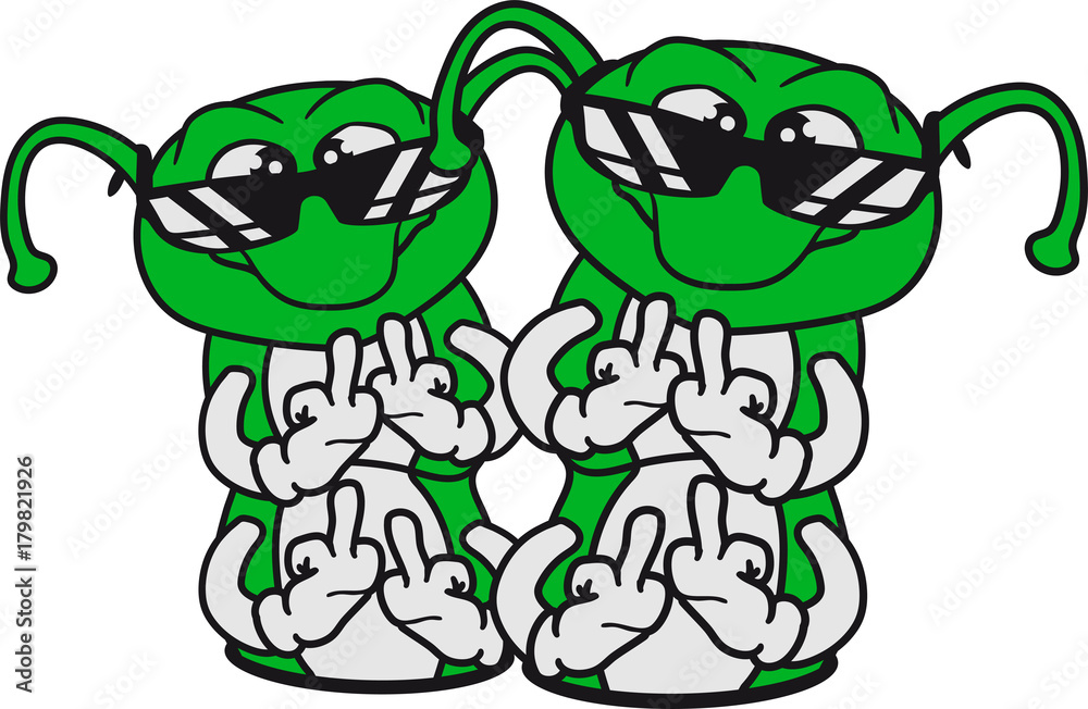 Fototapeta premium 2 freunde team paar duo boden loch cool sonnenbrille wichser hand handschuhe mittelfinger beleidigung fuck you off wurm aufrecht schnecke kriechen raupe schlange süß niedlich comic cartoon