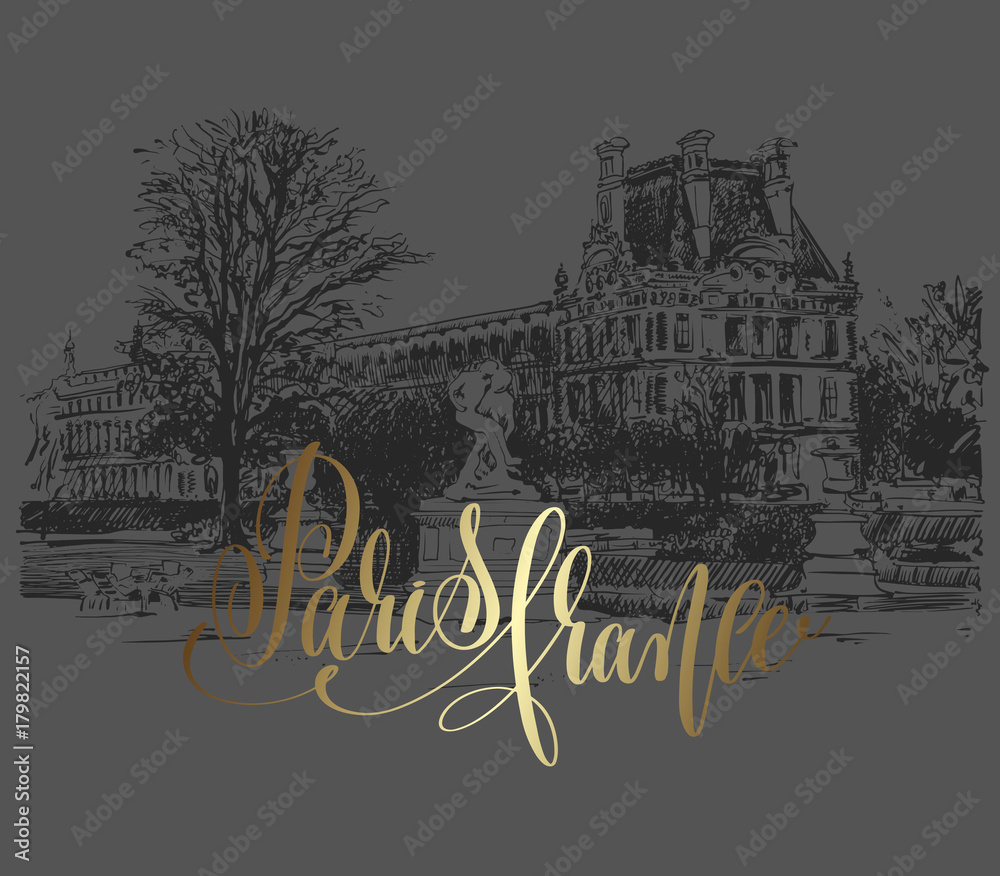 Paris France golden lettering inscription on dark background wit