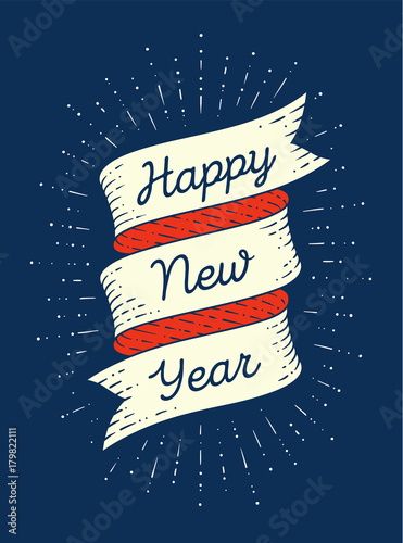 Happy new year. Ribbon banner in engraving style with text Happy New Year and vintage graphic starburst. Hand drawn design. Happy new year typography for card, banner and poster. Vector Illustration