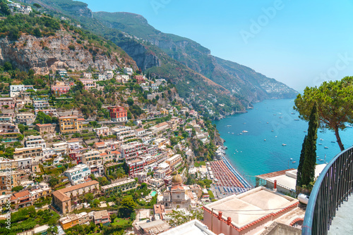 Positano on Amalfi coast, Campania province. Houses on rock and sea.