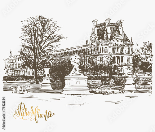 drawing of The Louvre, Paris, France with golden hand lettering