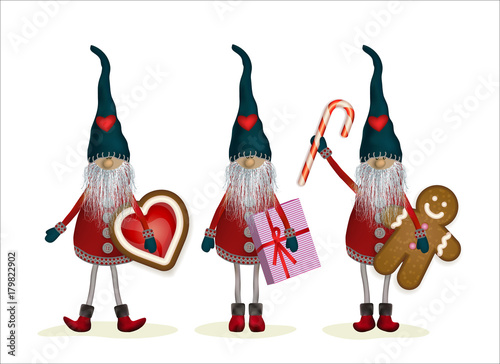 Christmas Elves with gifts, cookies and sweets. Scandinavian folk characters - Nisser in Norway and Denmark, Tomtar in Sweden or Tonttu, Tomte in Finnish. Vector illustration isolated on white photo