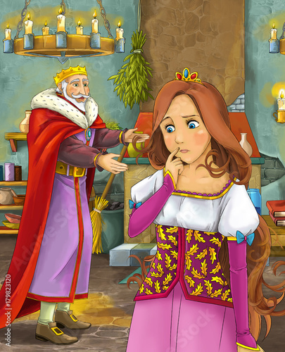cartoon scene with happy king in castle kitchen and beautiful young lady - illustration for children