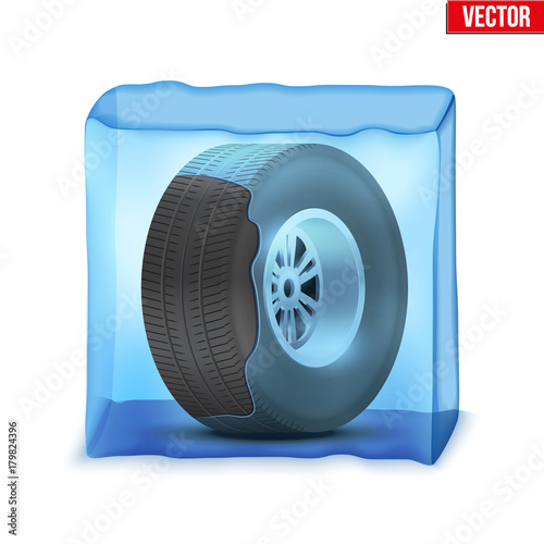 Automobile wheel in the ice cube. Symbol of winter season driving. Vector Illustration isolated on white background.