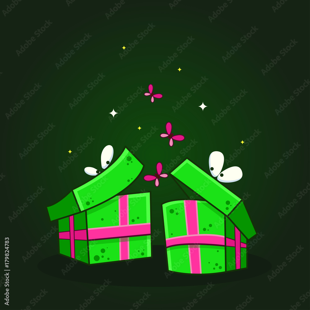 Vector color illustration of two talking cartoon gift boxes with face on dark background. Object image to create original web games, graphic design