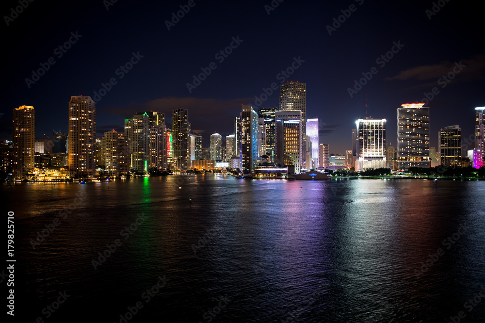 City skyline panorama on night sky in Miami, USA