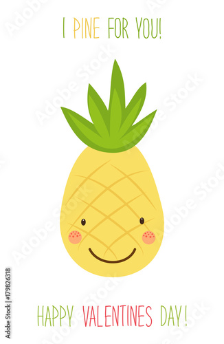 Cute unusual hand drawn Valentines Day card with funny cartoon characters of pineapple