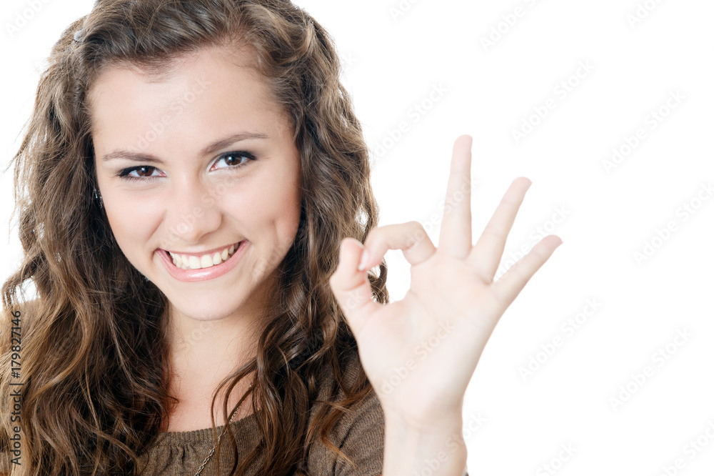 woman showing ok sign smiling isolated woman showing ok sign smiling isolated