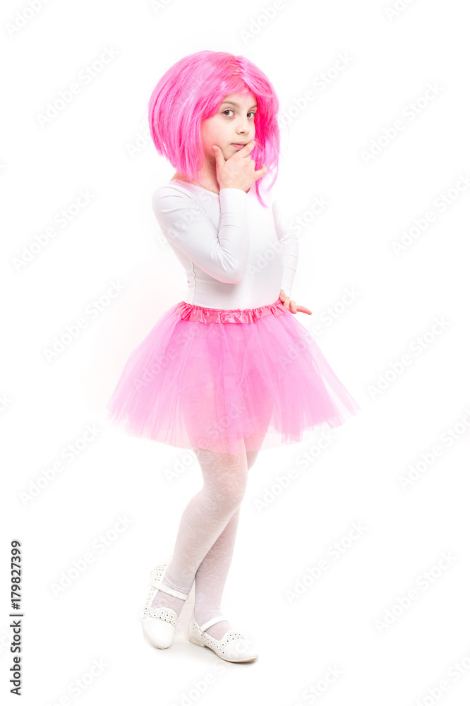 ballet and art. beauty and fashion. Childhood and happiness. Child in wig isolated on white background. Small girl t in pink skirt. ballet and art. beauty and fashion. Childhood and happiness. Child in wig isolated on white background. Small girl t in pink skirt.
