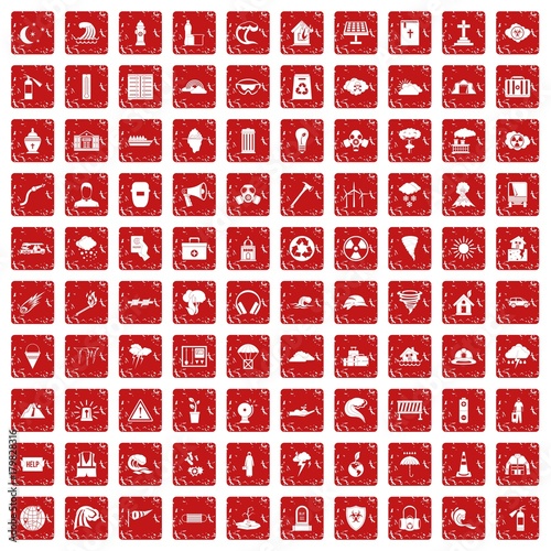 100 disaster icons set grunge red