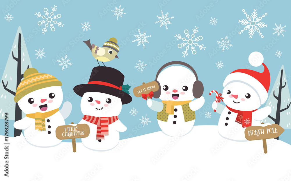 Winter Christmas scene with cute little snowman flat design
