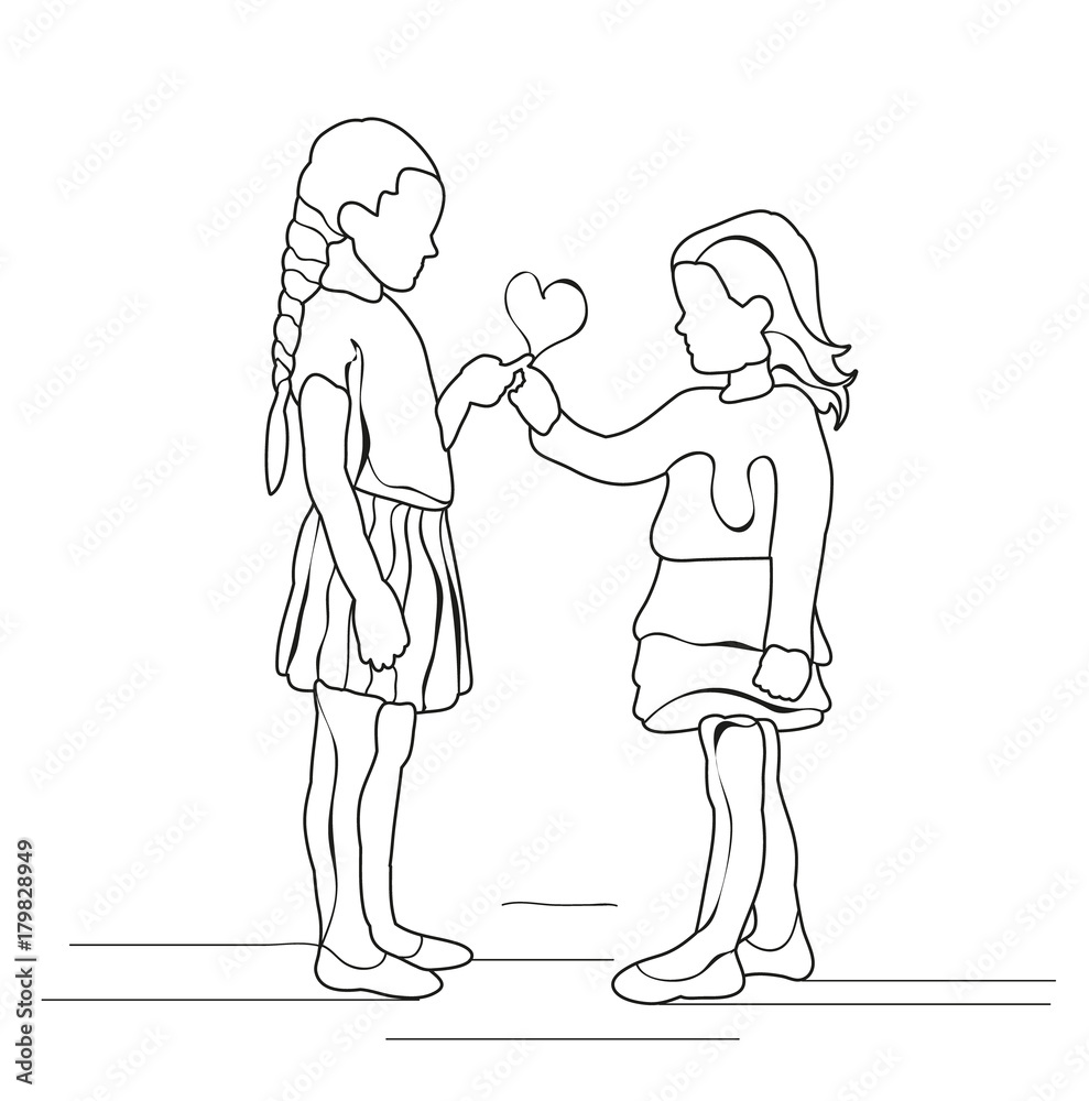 child sketch little girls play, friends vector, isolated