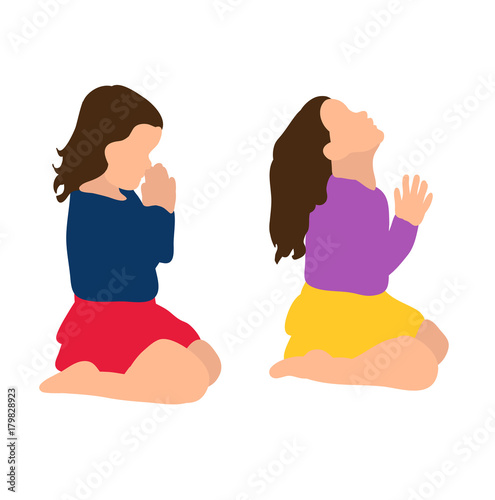 isometric child, set little girl praying, vector, isolated