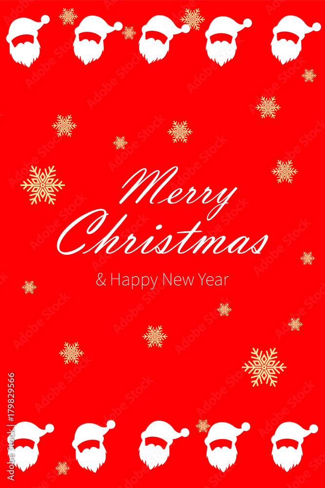 Happy New Year design on red background with decoration and an inscription. Merry Christmas vector illustration. Holiday greeting.