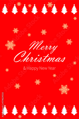 Happy New Year design on red background with decoration and an inscription. Merry Christmas vector illustration. Holiday greeting.