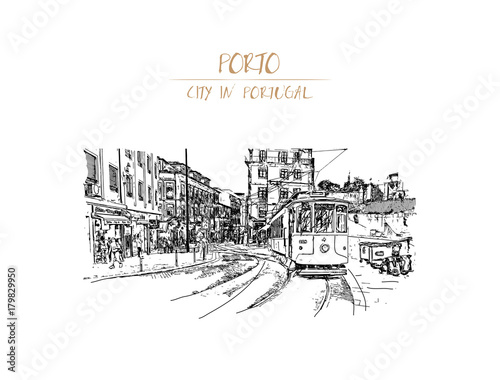 Hand drawn sketch of historical street tram in Porto, Portugal in vector illustration.