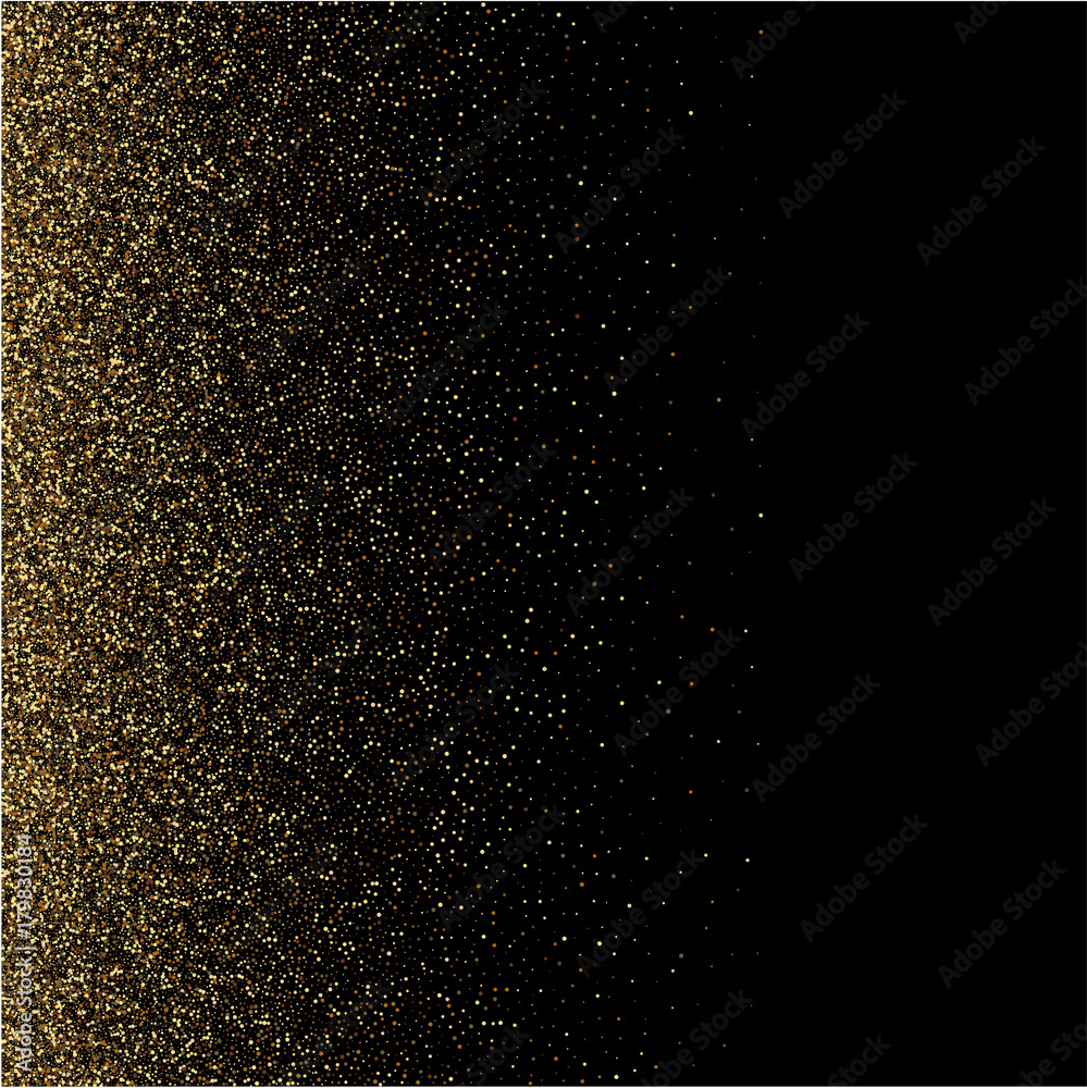 Gold glitter texture on a black background. Golden explosion of confetti. Golden grainy abstract texture on a black background.