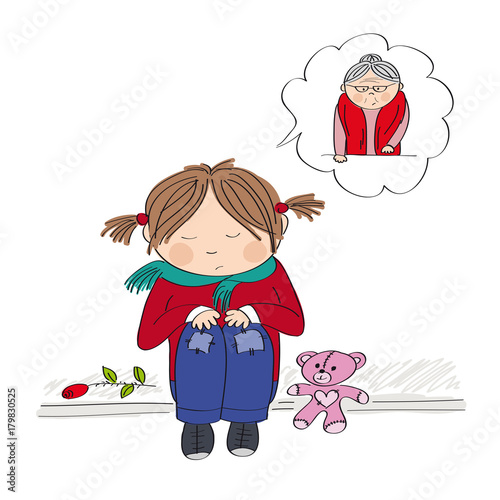 Sad and alone little girl sitting on the pavement, crying and remembering her granny she has lost - original hand drawn illustration