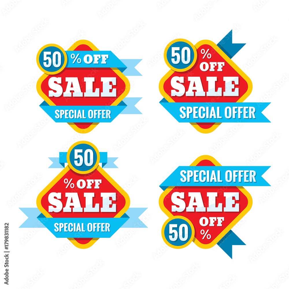 Sale 50% off - vector concept illustration in flat style. Abstract advertising promotion banners on white background. Creative discount badges set. Special offer stickers. Design elements.  