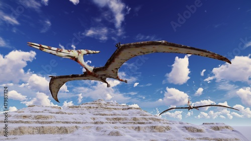 Schilderij op canvas Flying pterodactyl against the beautiful cloudscape 3d illustration