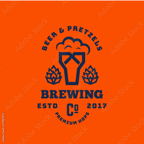 Beer and Pretzels Abstract Vector Retro Symbol or Logo Template. Vintage Typography Premium Brewing Sign. Glass with Foam and Bagel Creative Emblem.