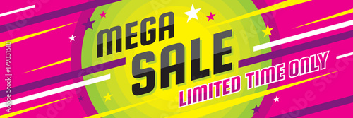 Mega sale discount - vector layout concept illustration. Abstract horizontal advertising promotion banner. Creative background. Special offer. Graphic design elements. 