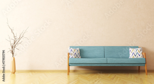 Interior of living room with sofa and branch 3d rendering photo