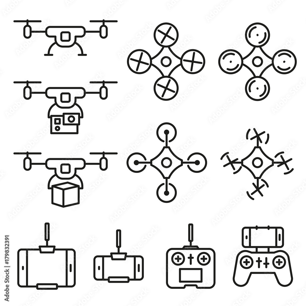 Flying drone flat line style icons on white background. Quadcopter sings isolated set. - obrazy, fototapety, plakaty 