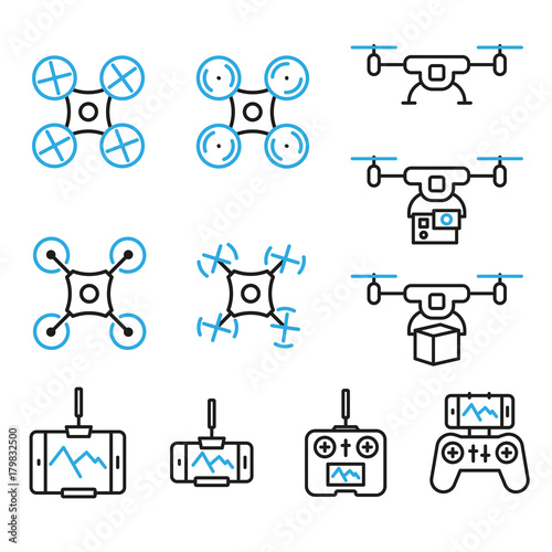 Flying drone flat line style icons bicolor on white background. Quadcopter sings isolated set.