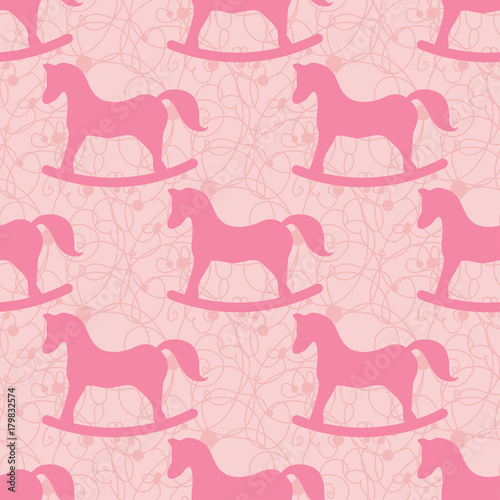 Christmas seamless hand-drawn pattern with rocking toys horses  vector illustration.