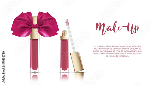Vector illustration of liquid lipstick with ribbon bow. Cosmetic make up banner.