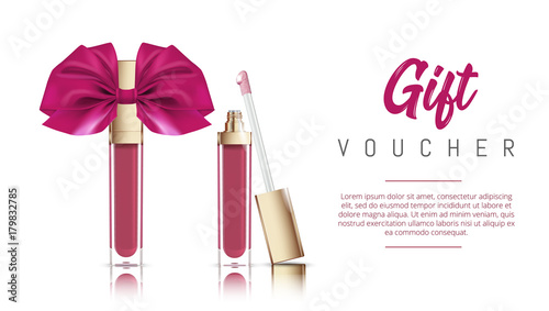 Cosmetic make up gift voucher or card. Vector illustration of liquid lipstick with ribbon bow.