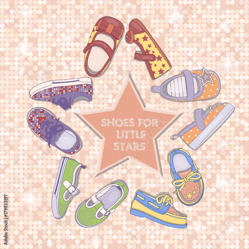 Illustration of five pairs of children's shoes arranged in a star shape