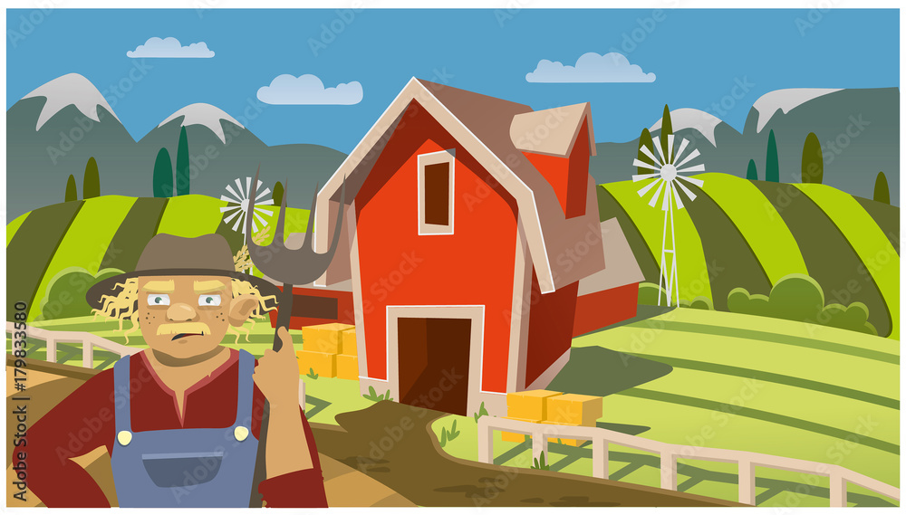 farmer on rural horizontal background. farm fields, mountains and trees. vector