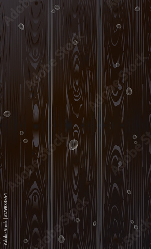 Vector wood dark brown texture. Realistic Wooden background black panels and water drops. Grunge retro vintage wooden texture for Holiday posters, cards, flyers design. Vertical stripes.
