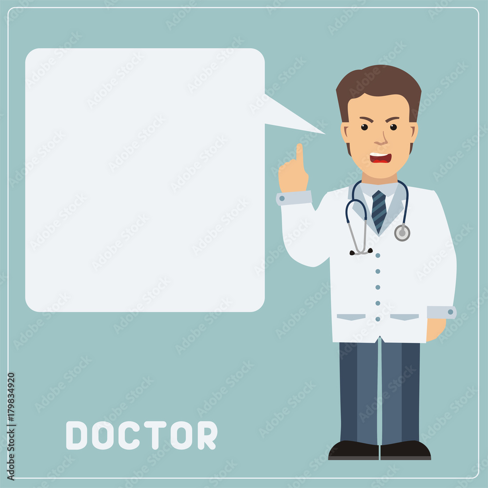 Strict doctor says important health information. Vector doctor with bubble speech in cartoon style. Strict doctor says important health information. Vector doctor with bubble speech in cartoon style.