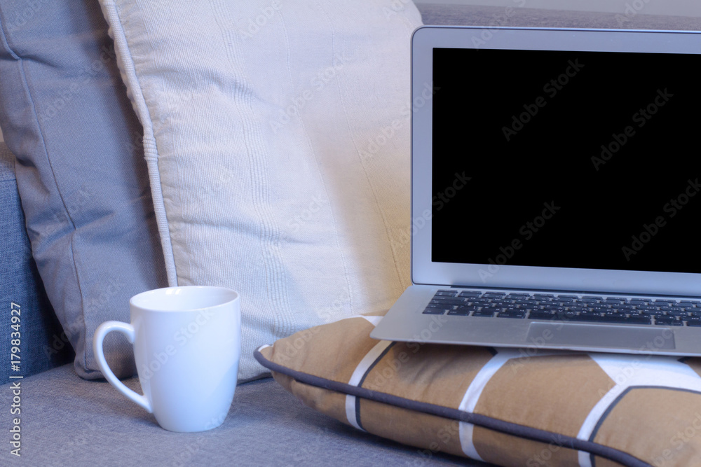 Fototapeta premium laptop and cup stand on sofa, pillows, coffee and notebook 