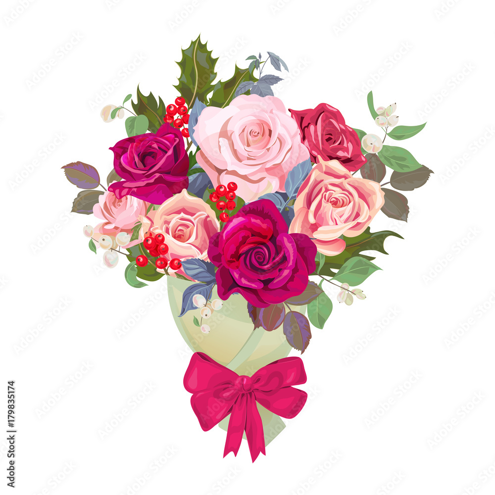 Bouquet of flowers. Design concept for Christmas, Valentine's Day card. Red, pink roses, holly berry, common snowberry. Vintage background, digital draw illustration, vector