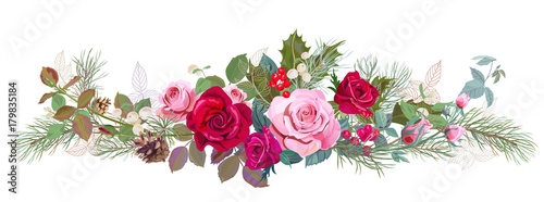 Fototapeta Naklejka Na Ścianę i Meble -  Panoramic view with red, pink roses, pine branches, cones, holly berry, common snowberry. Horizontal border for Christmas: flowers, leaves, white background, digital draw, watercolor style, vector