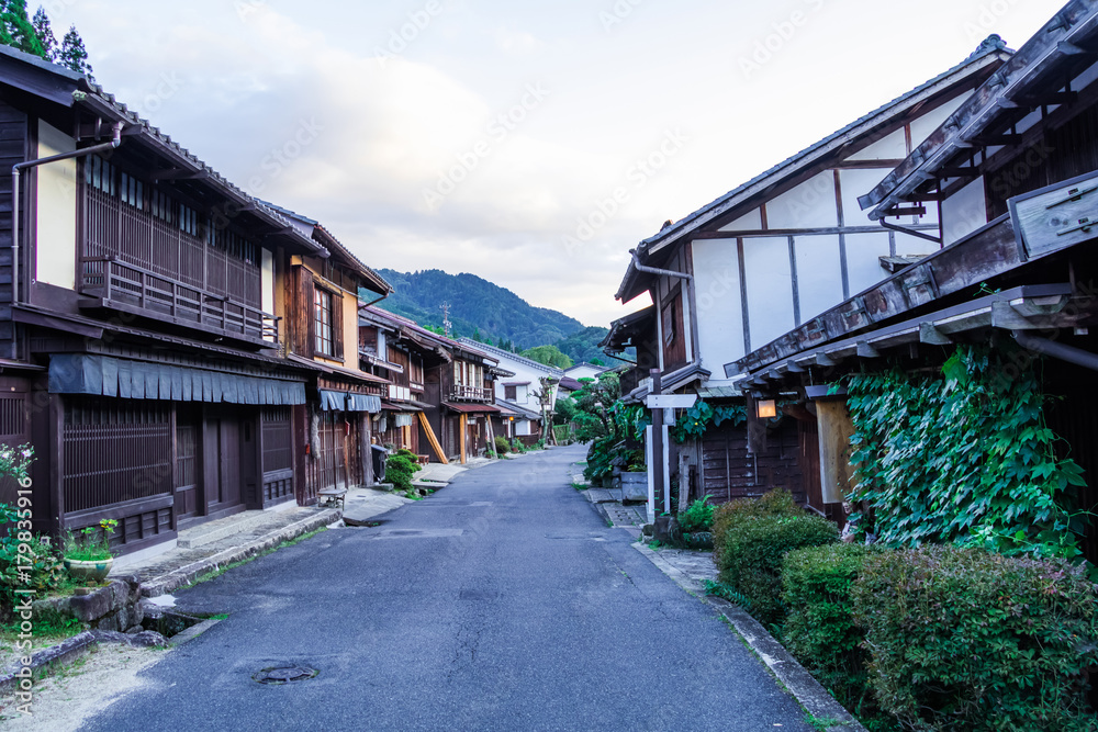 Kiso valley is the old  town or Japanese traditional wooden buildings for the travelers walking at historic old street  in Narai-juku , Nagano Prefecture, JAPAN.