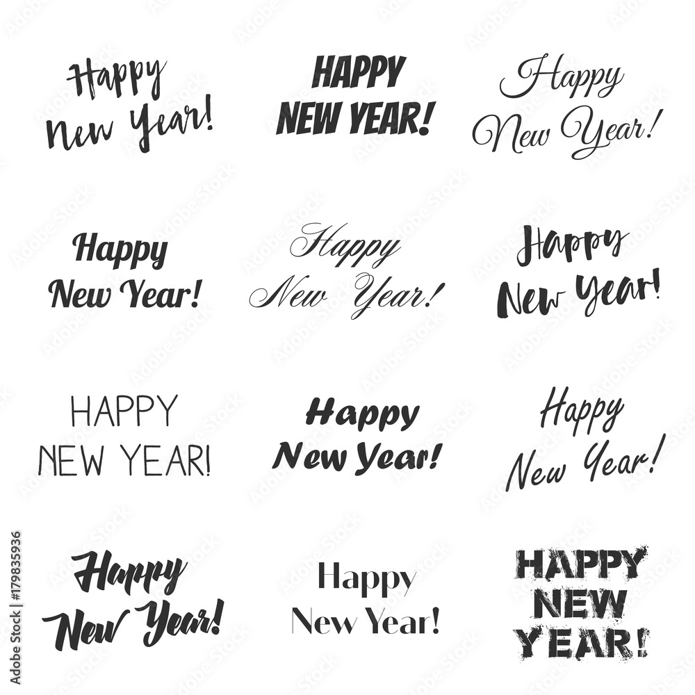 Happy New Year greetings vector overlay set, hand lettering collection