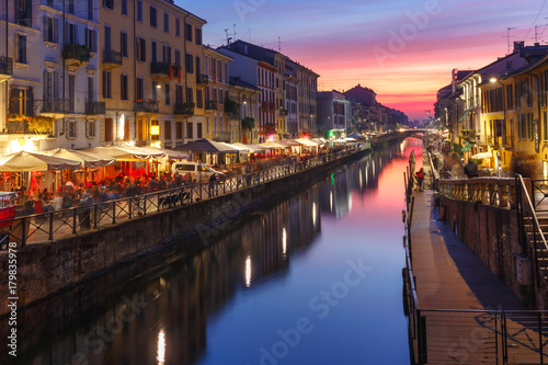 Naviglio Grande canal at sunset in Milan, Lombardia, Italy photo