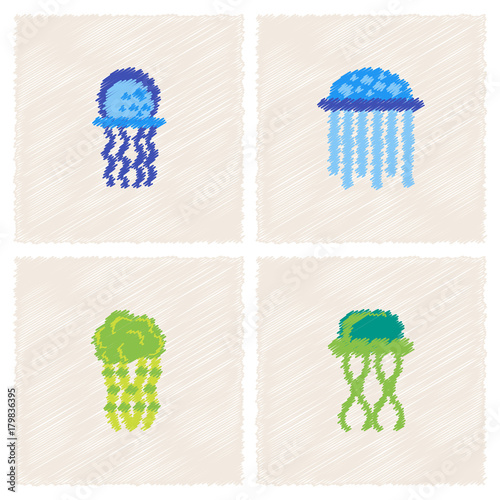 Jellyfish vector collection in Hatching style