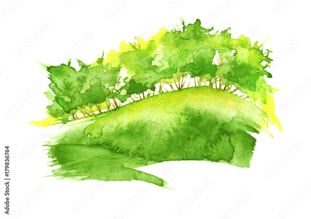 Naklejka premium Watercolor summer, autumn forest, silhouette of trees, bushes., Field. Country view. Postcard, logo, card. Drawing of green trees on a yellow grass on a white isolated background.