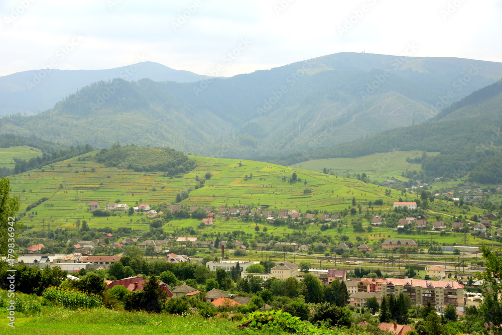 Aerial view of green summer landscape, mountains, trees, forest, village in the mountains
