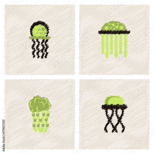 Jellyfish vector collection in Hatching style