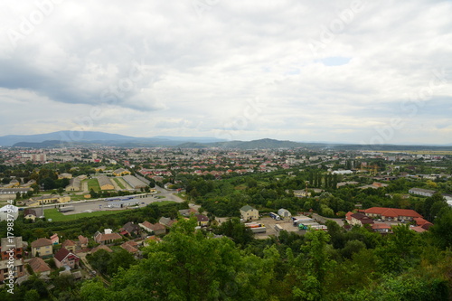 Aerial view of city buildings, green summer landscape, mountains, village