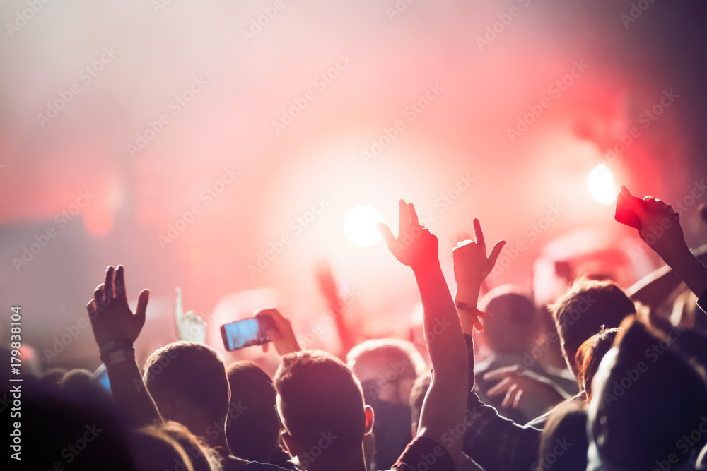 Cheering crowd with hands in air at music festival Cheering crowd with hands in air at music festival