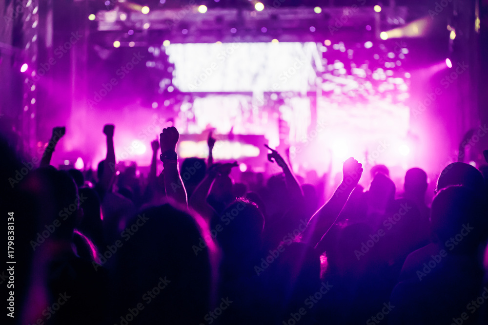 Cheering crowd with hands in air at music festival Cheering crowd with hands in air at music festival